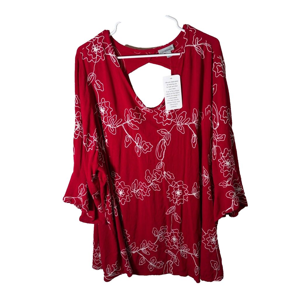 Catherines Blouse Women's 2X Red Embroidered 3/4 Sleeve Open Back Casual